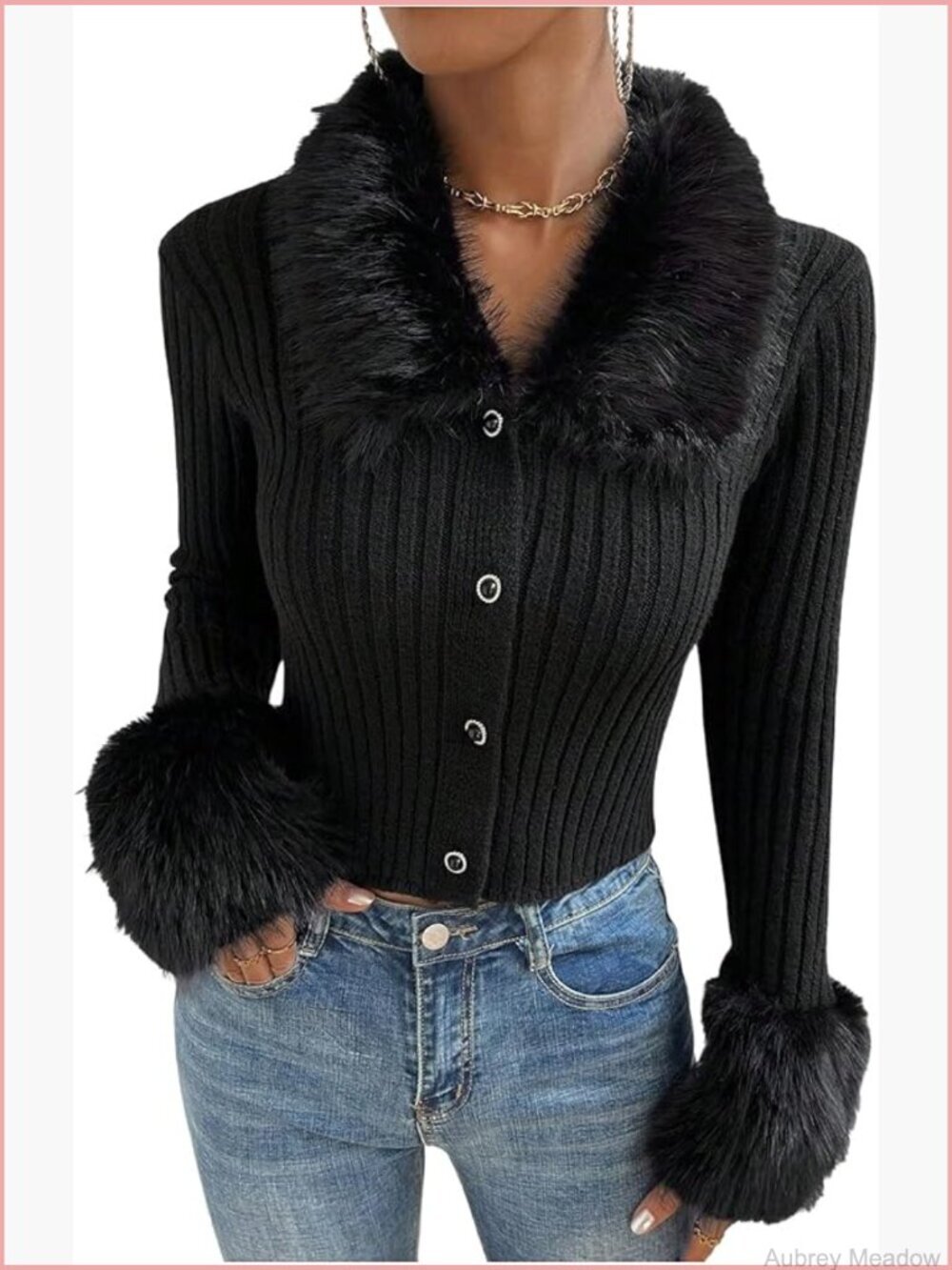 Faux Fur Collared Knit Cardigan Button Front Fuzzy Sweater